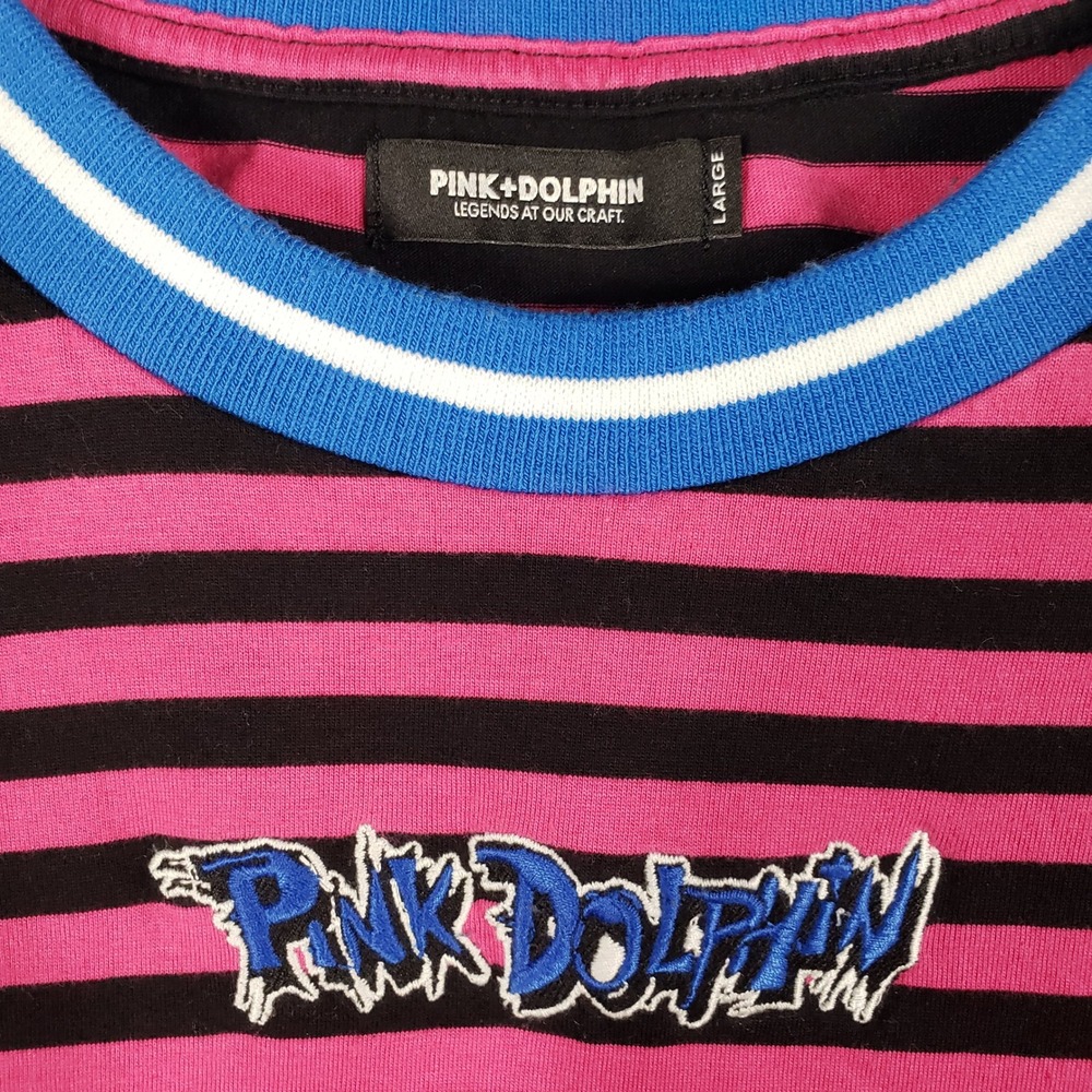 Pink Dolphin Men Medium Striped Long Sleeve Knit Shirt Pink Black Y2K Streetwear - Picture 3 of 8